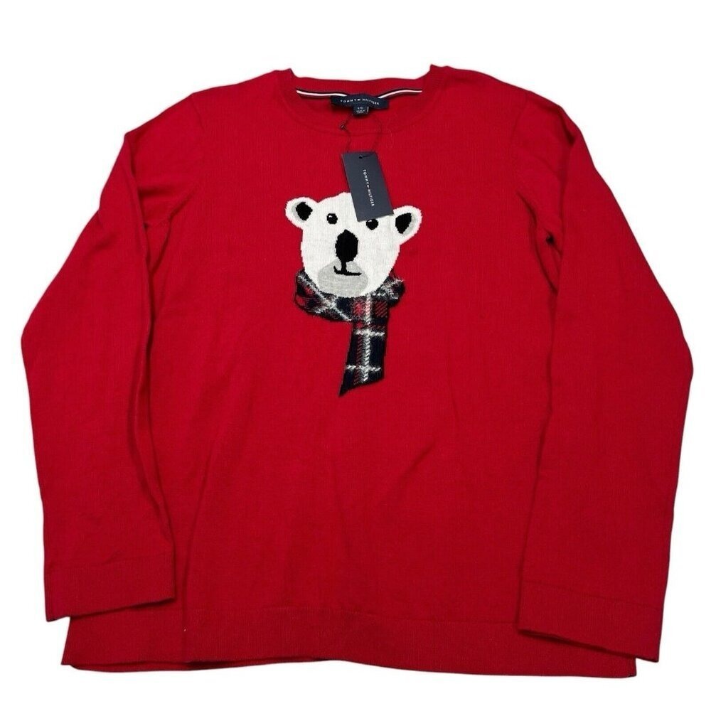 Tommy Hilfiger Women's Red Polar Bear Scarf Sweater L/G‎ Cotton Knit